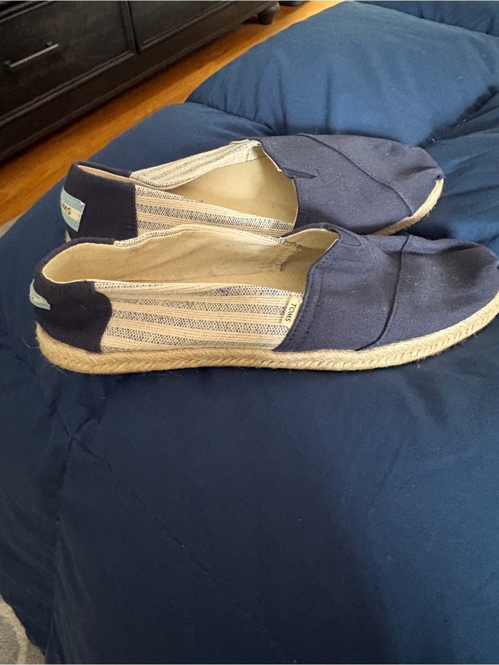 TOMS Navy Canvas Espadrille Slip-Ons with Cream Striped Panels